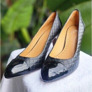 Brooks Brothers Black Leather Pumps Sz 9 Cap Toe Quilted Spectator Pump